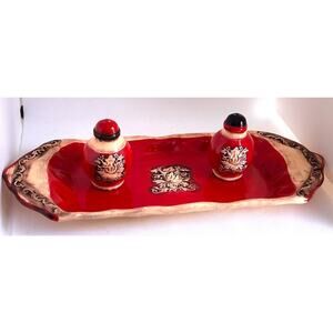 Salt Pepper and Matching Platter -Casa Bella/Ganz-Red-Cream-Embossed-Matching